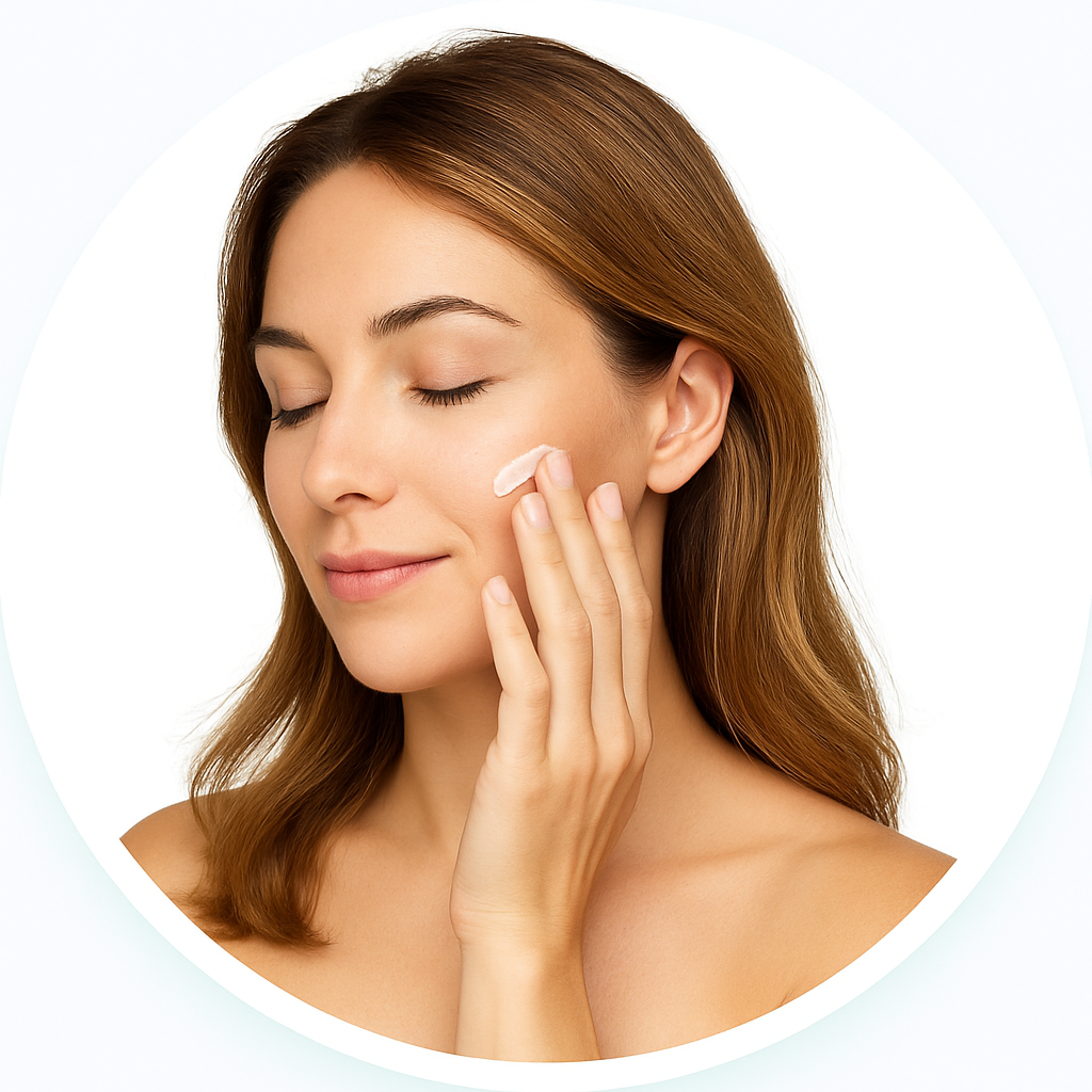 Mujer con piel radiante rodeada de elementos naturales y científicos